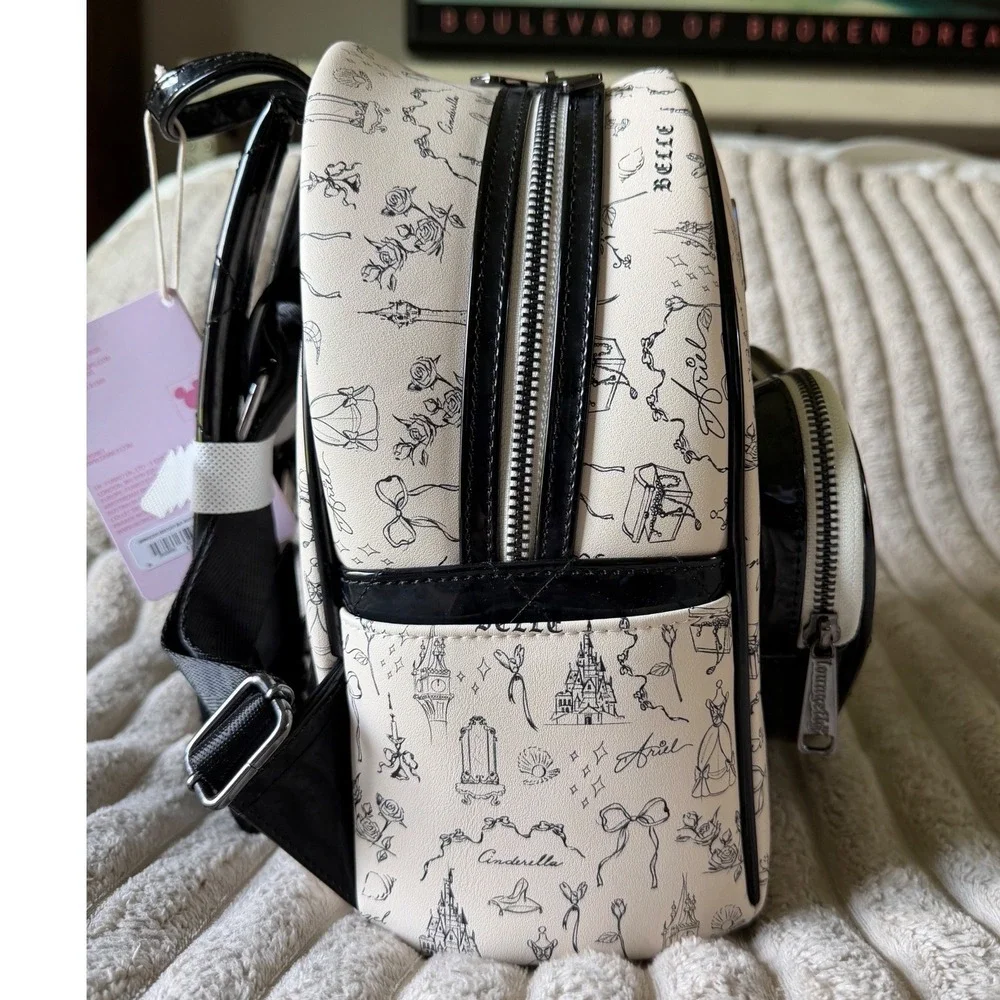 Disney Loungefly Princess Sketchy Mini Backpack Black White Patent Heart NWT